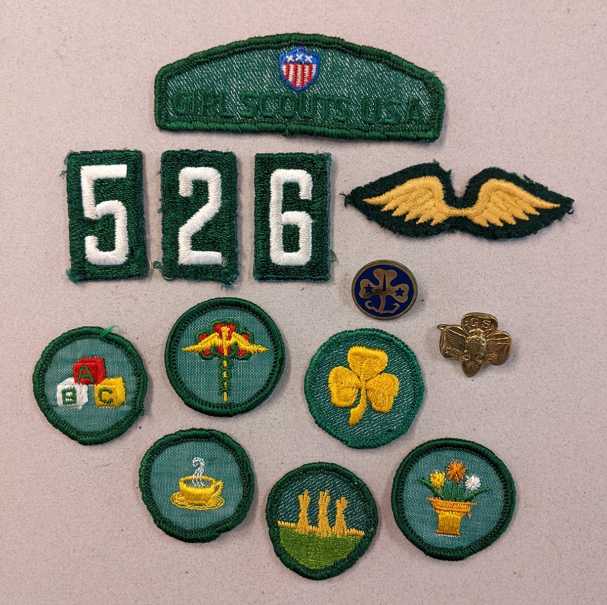 Vintage 1960s GSA Girl Scouts Merit Badges Patches, and 2 Pins