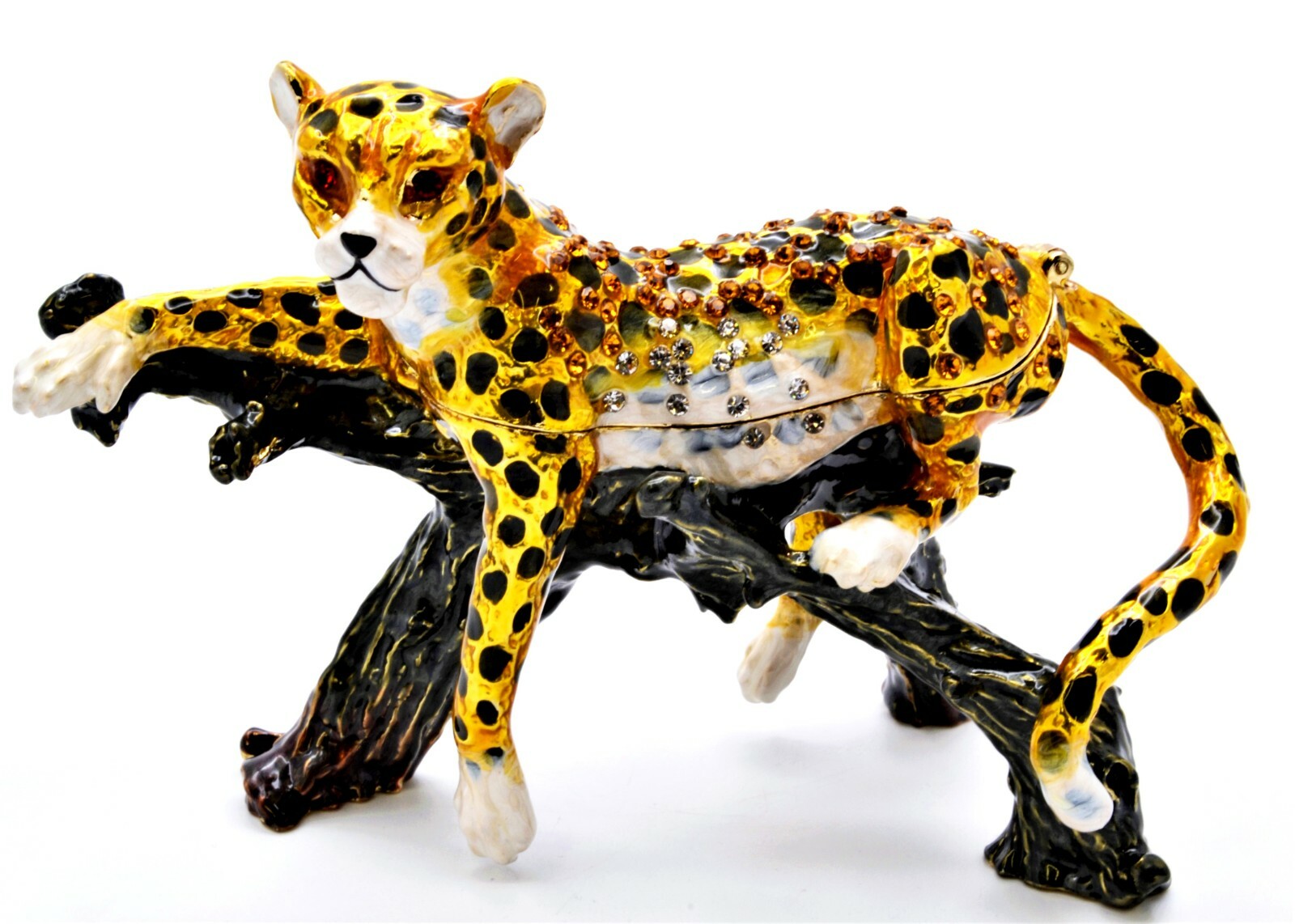 Bejeweled Cheetah Sitting on Branch. Hand Set Swarovski Crystals & Enamel.