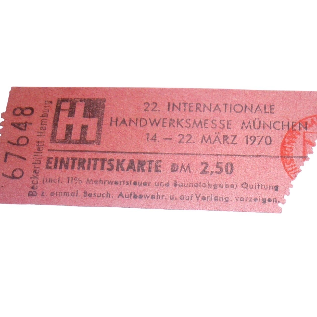 Vintage 1970 Munich Germany International Crafts Fair Ticket Stub Ephemera Art