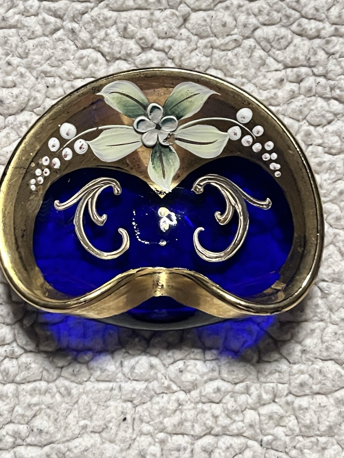 Vintage Cobalt Blue Glass Trinket Dishes Gold Gilt Applied Flowers Set of 2