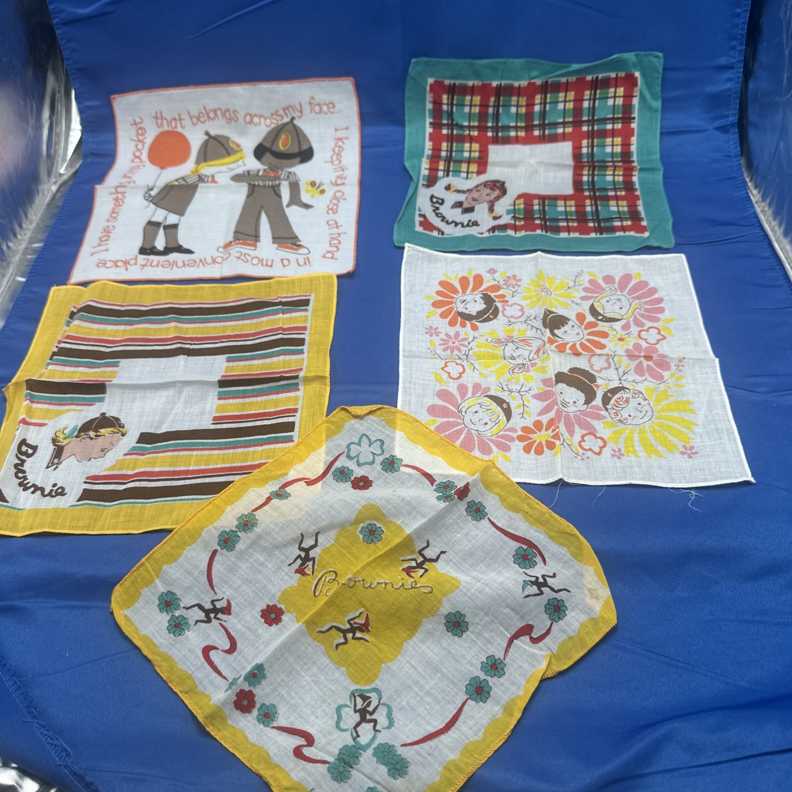 Five Vintage Brownie Girl Scouts Square Handkerchief Hankie Hanky 1960’s