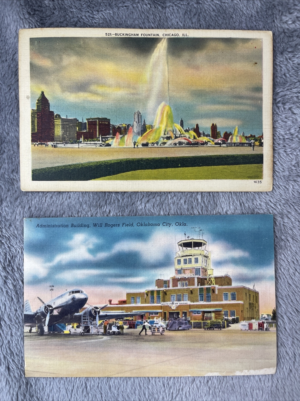 Lot Of 2 Vintage Linen Postcards - Buckingham Fountain & Will Rogers Field