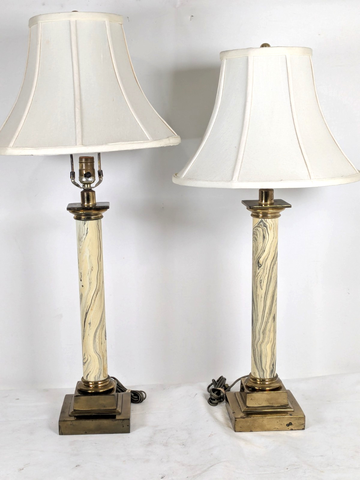 Pair Vintage Paul Hanson Marble Neoclassical Column Lamps Hollywood Regency