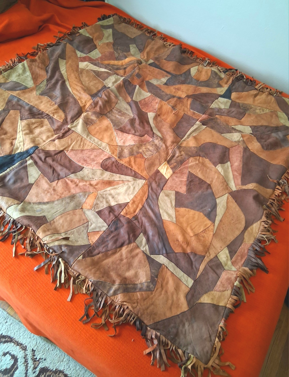 Vintage Hand Made 1940s-50s Real Leather Crazy Quilt w/ Fringe & Flannel Lining
