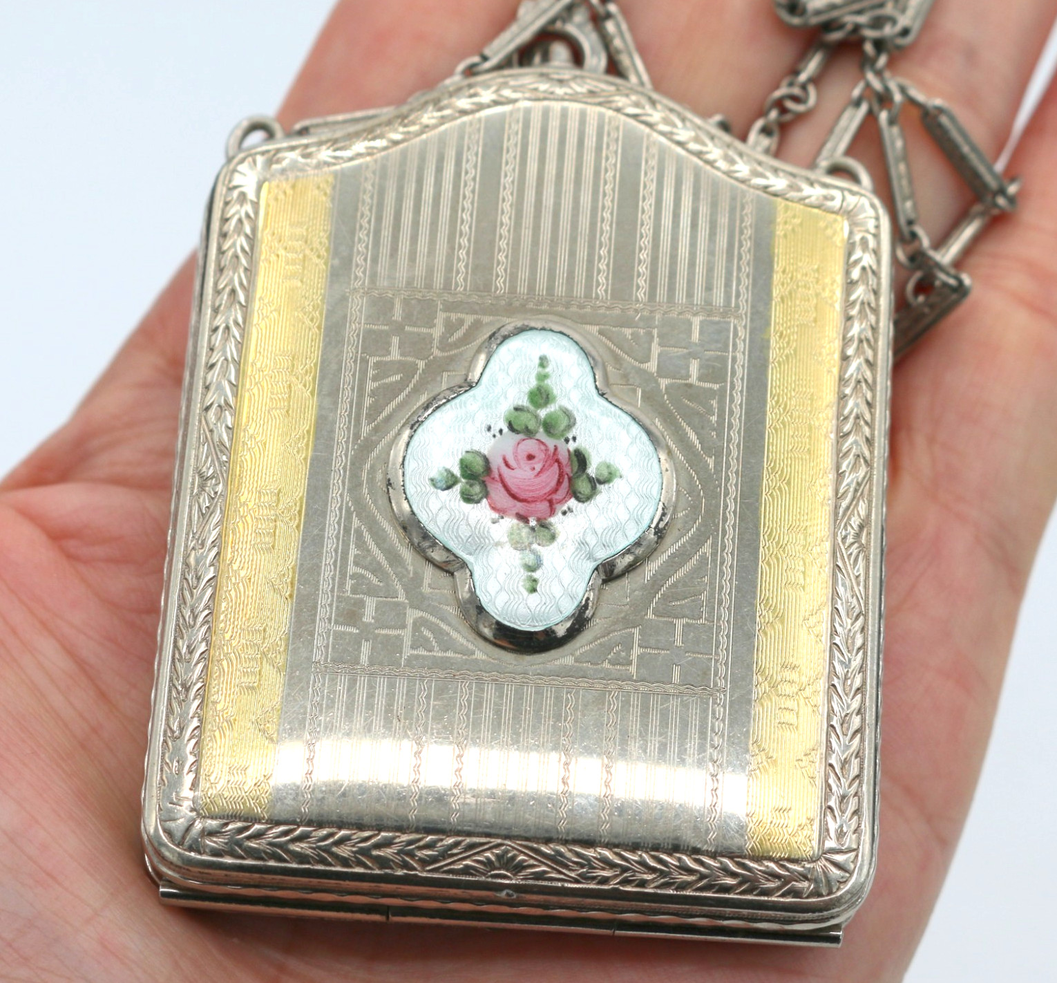 Antique 1920's Finberg Guilloche Rose Enamel Powder Compact Wristlet Purse Case
