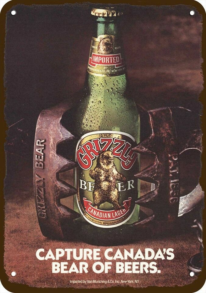 1985 GRIZZLY BEER Bottle in Bear Trap Vintage-Look DECORATIVE REPLICA METAL SIGN
