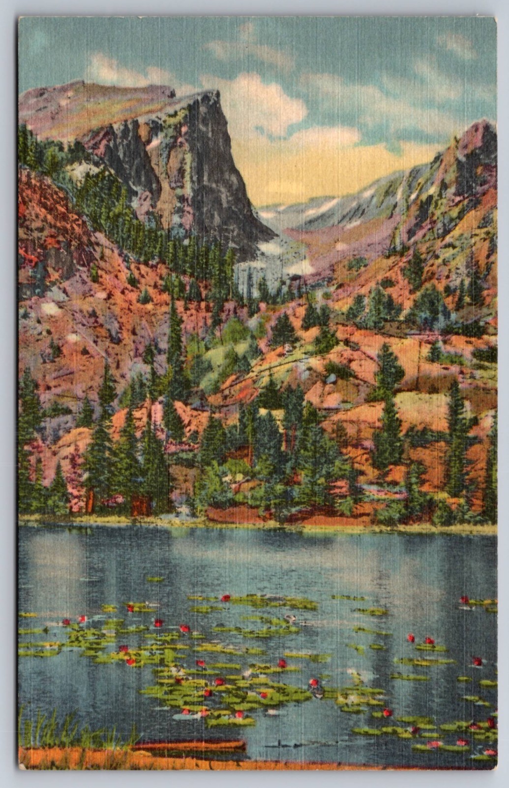 Nymph Lake & Hallett Peak Rocky Mountain National Park Colorado Postcard c.1937