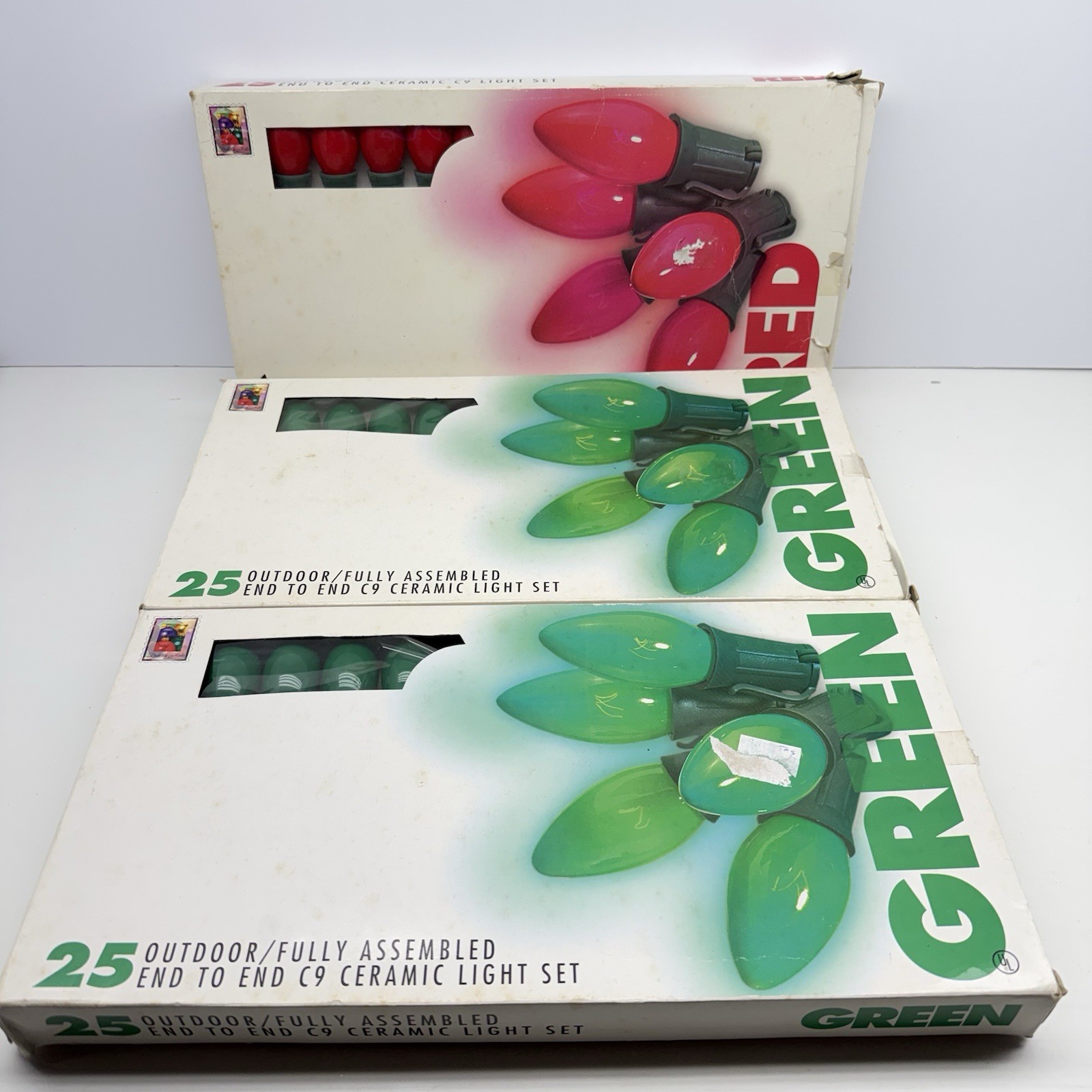 Vintage 1996 C9 Ceramic Christmas Lights Red Green 25 Bulb 3 Sets Tested