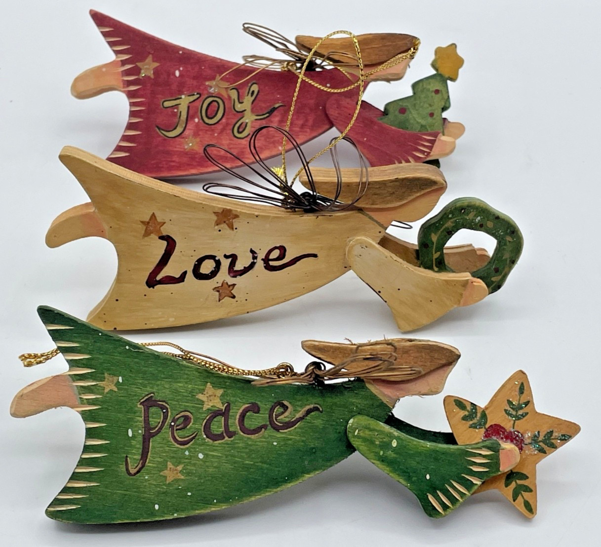 3 Hand Painted Wooden Angels Ornaments PEACE LOVE JOY Primitive Farmhouse