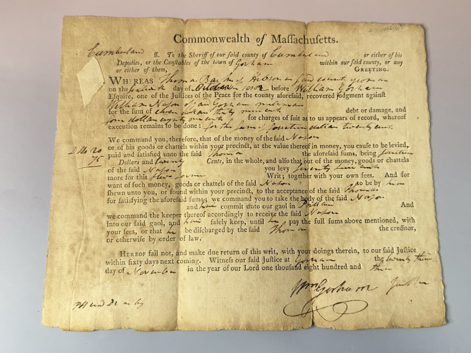1803 Massachusetts Cumberland County Legal Writ Debt Judgment Gorham Maine