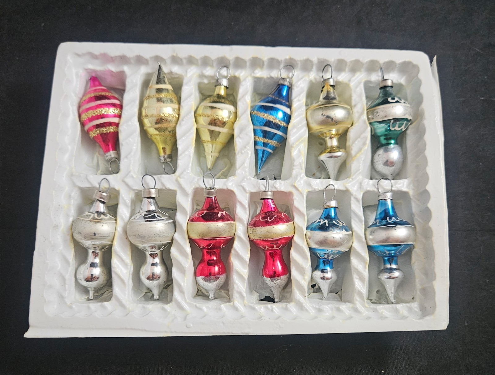 Set 12 VTG 1950s Mercury Glass Mica Double Drop Parachute Teardrop Ornaments 