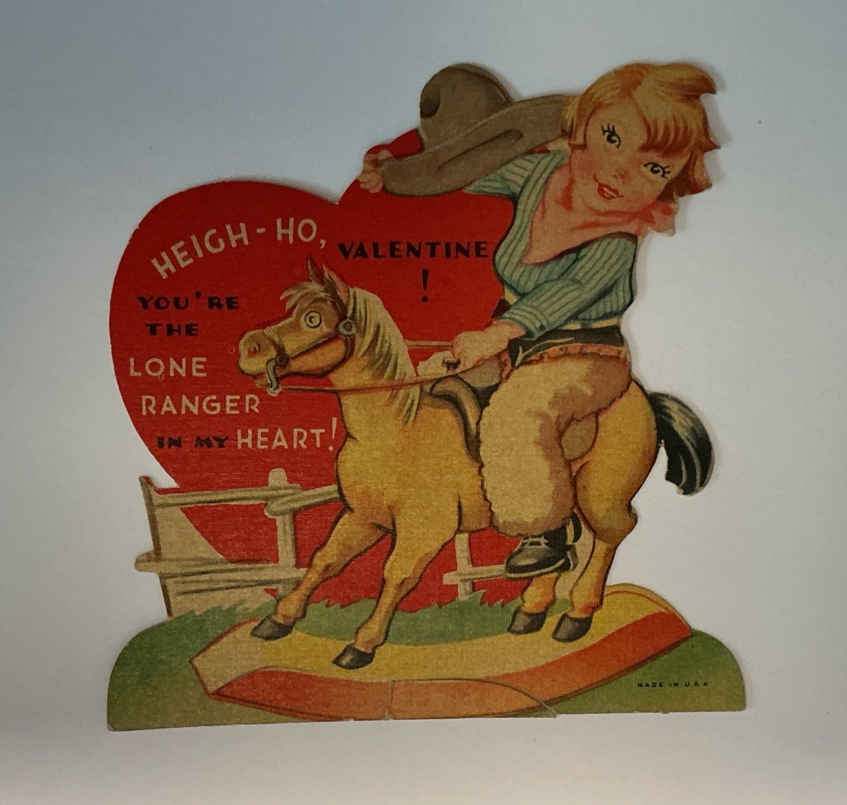 Vtg Valentine Western Cowgirl Riding Rocking Horse Die Cut Stand Up LONE RANGER