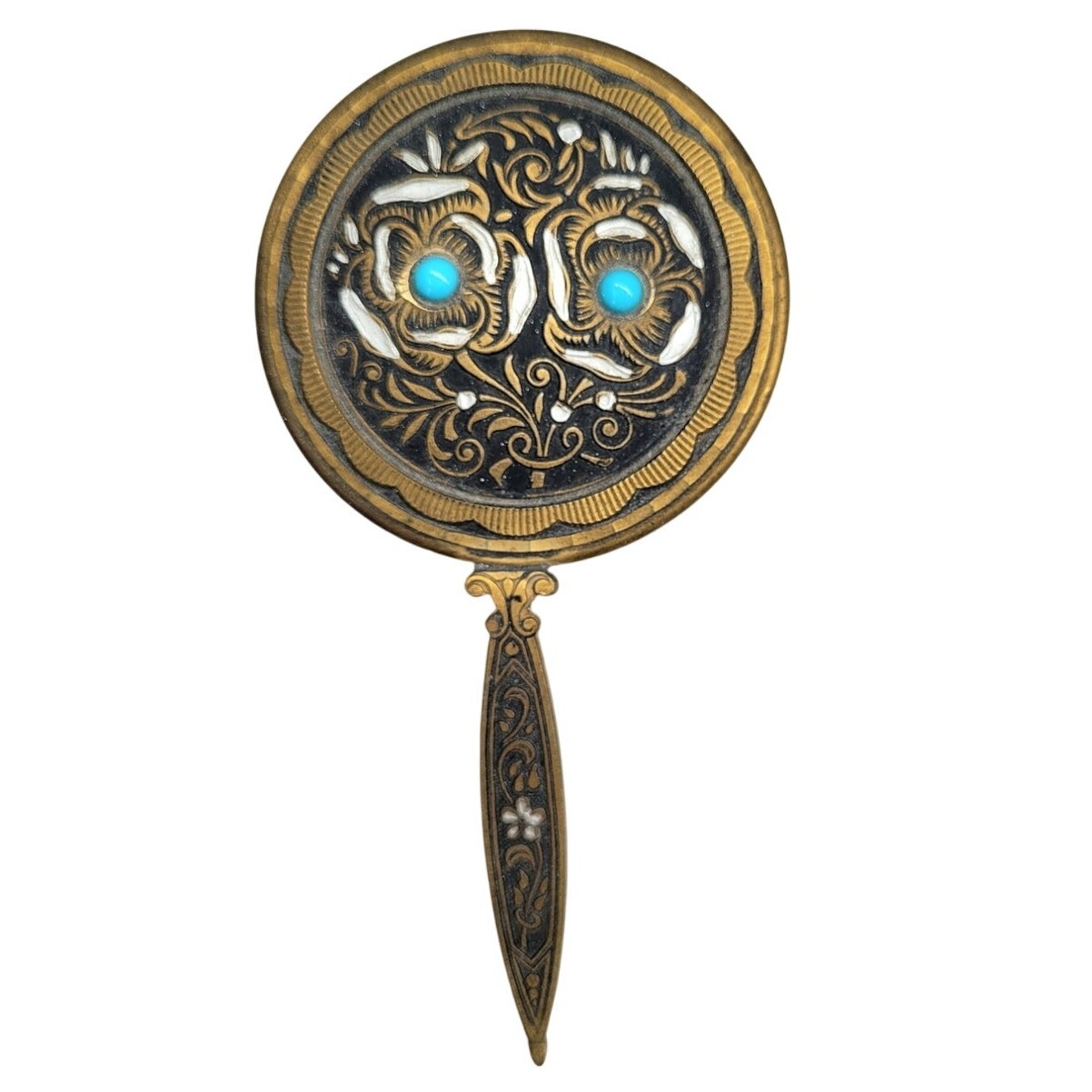 Vintage Etched Brass Black Enamel Floral Vanity Mirror Blue Bead Retro Decor