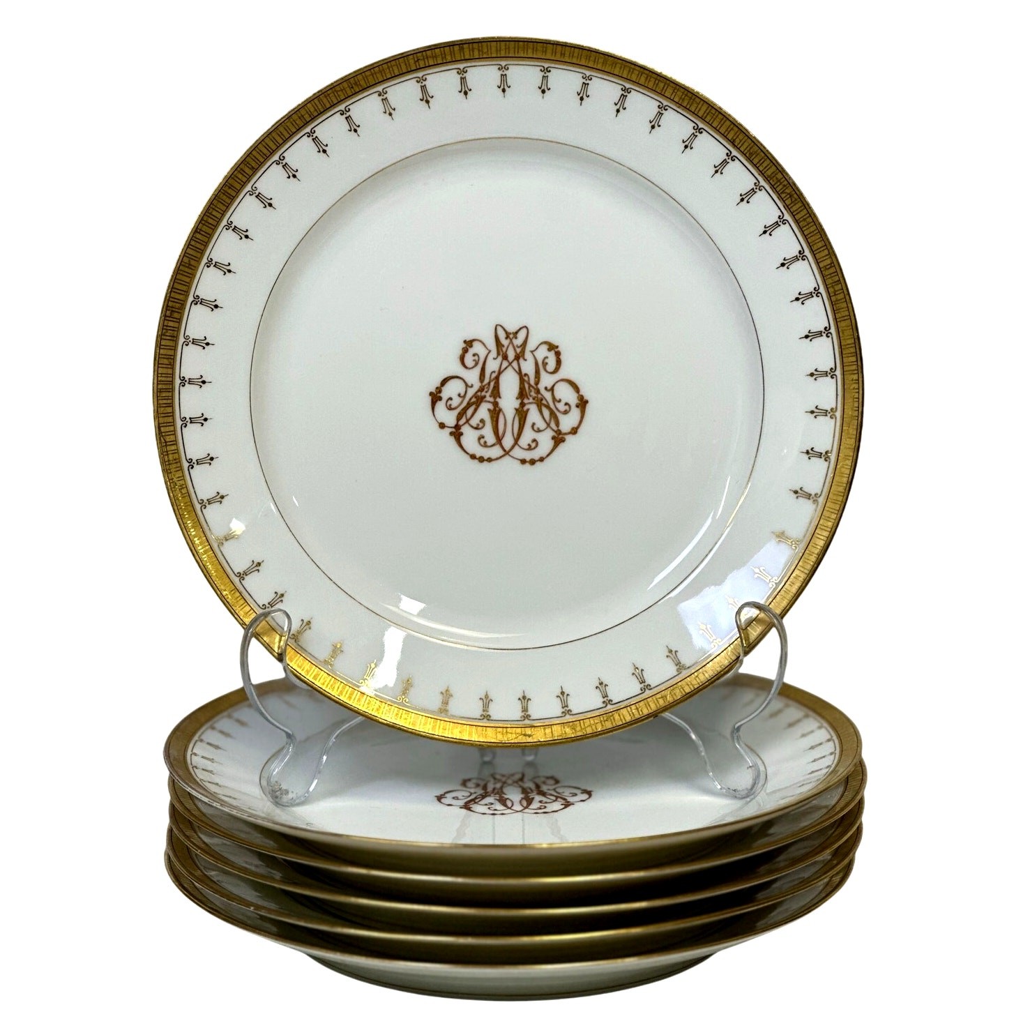 Antique Limoges Mid-1800's Porcelain Plates Elegant Gilded Design-Stunning Set 6