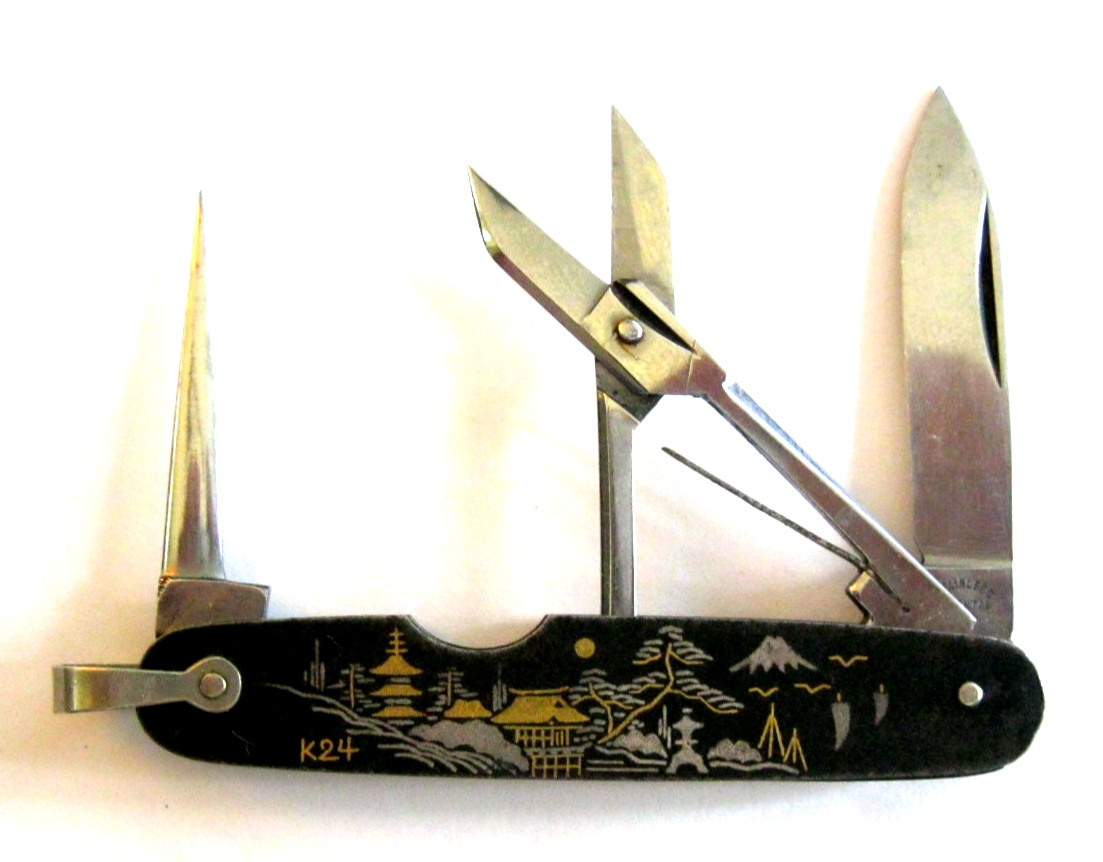 Rare K24 WWII Japanese Gold Silver Damascene Pocket Knife w/Three Tools