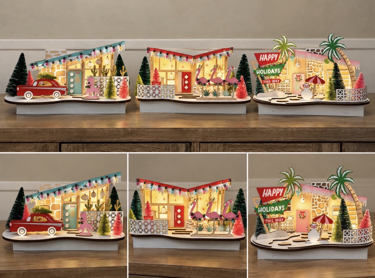 Cost Plus World Market Mid Century Christmas Village Set of 3 Light Up Houses