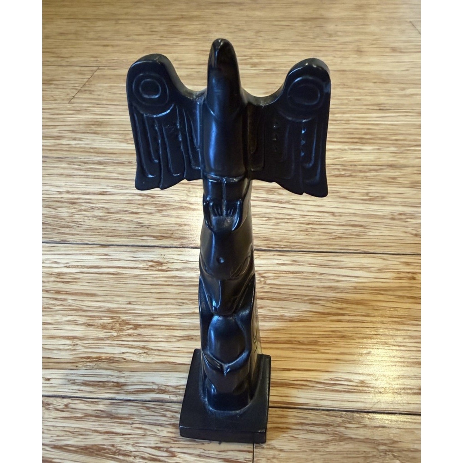 Vintage Black Wooden Totem Pole Eagle Bird Very Good Condition 5.75”
