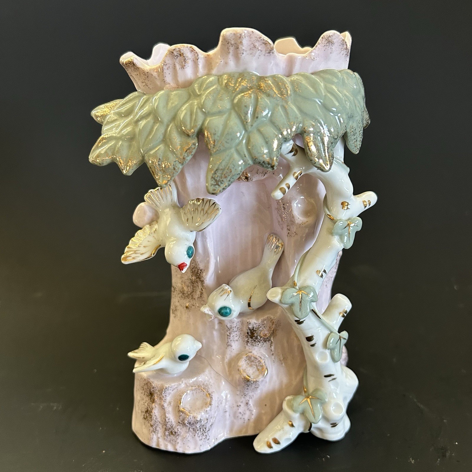 Vintage Vase Birds On Tree Pastels Mid Century Japan