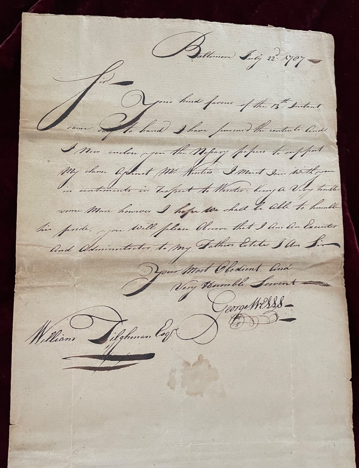 1787 BALTIMORE CHESTERTOWN WILLIAM TILGHMAN GEORGE WELLS CHESTER TOWN MARYLAND