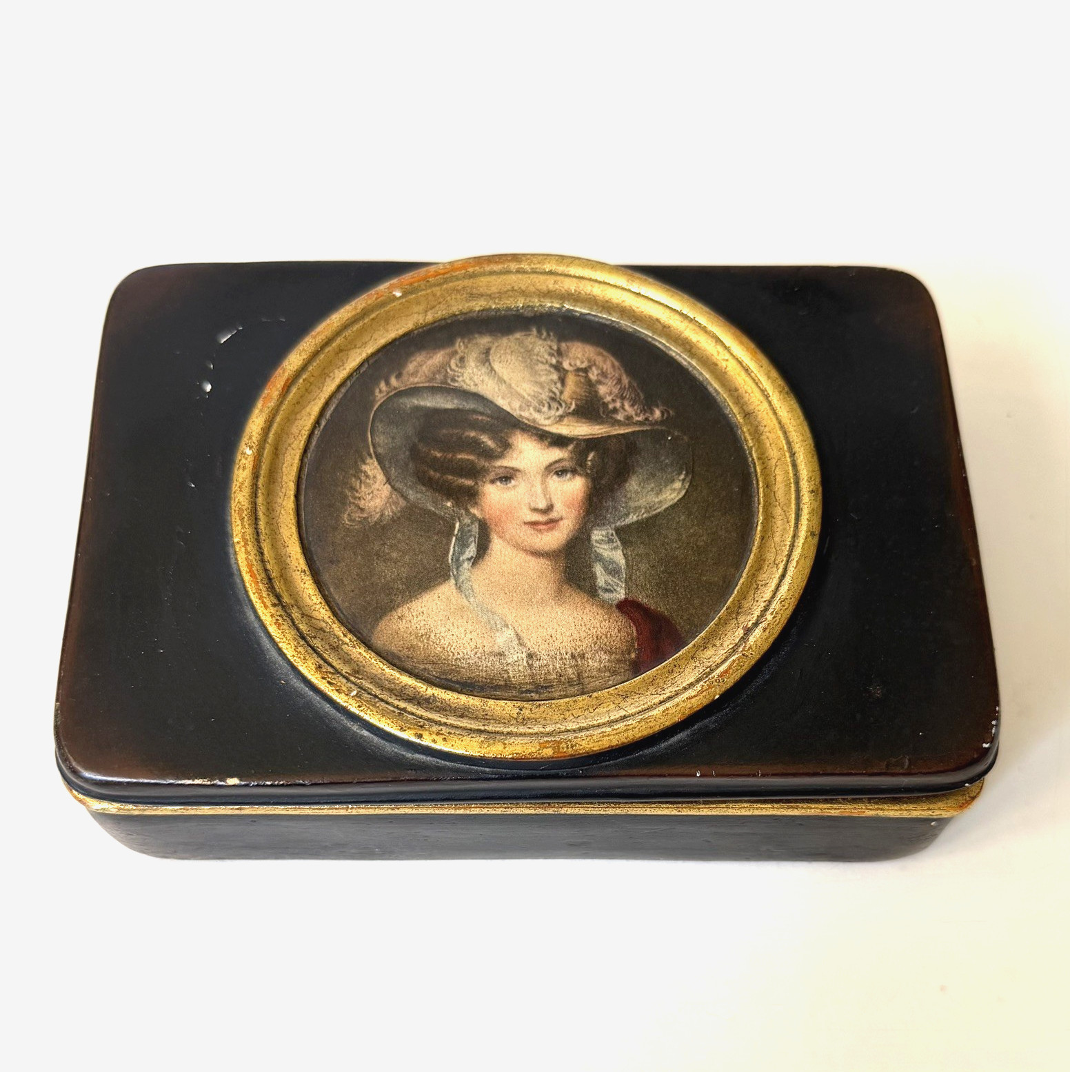 Vintage Borghese Portrait Trinket Box Painted Chalkware w/ Gilt Vanity Dresser