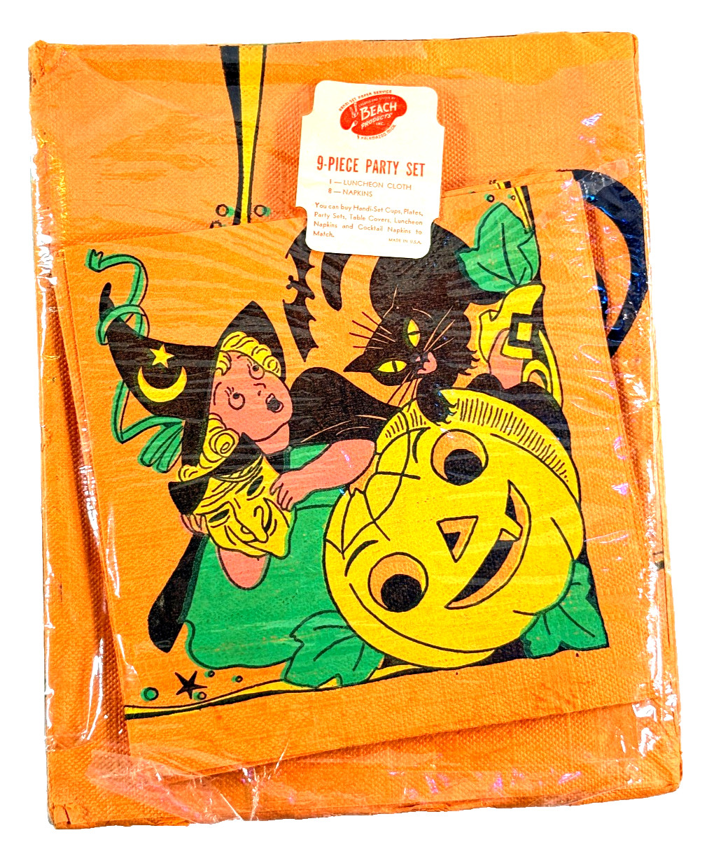 RARE vtg Beach Party Set Halloween napkin tablecloth NOS open witch pumpkin