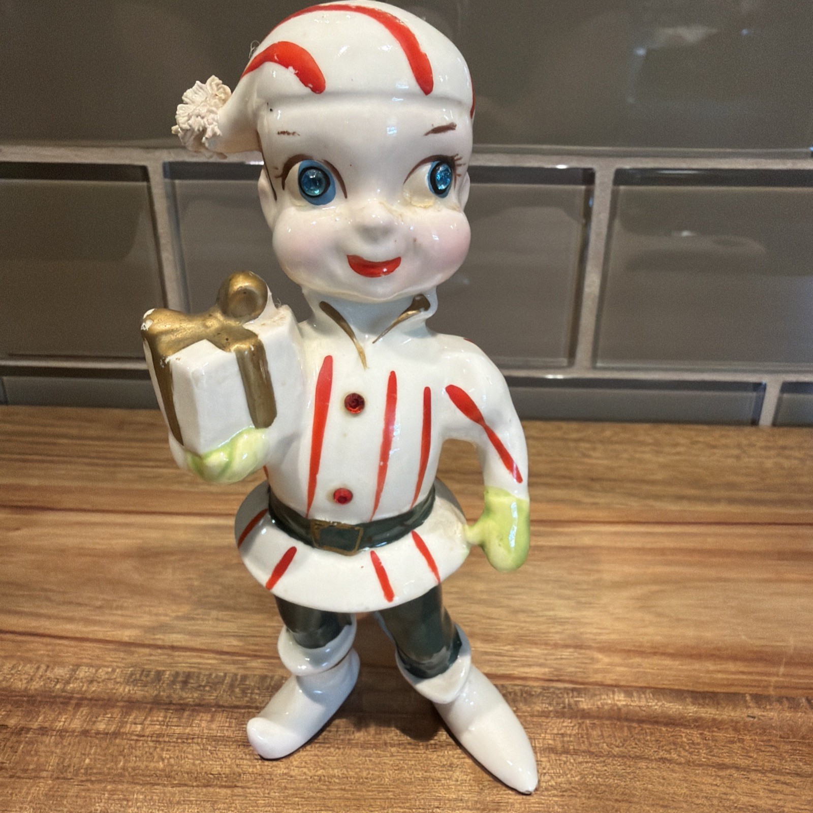 Rare Vintage Kreiss Ceramic Christmas Elf Figure Jewel Eyes Japan Kitsch