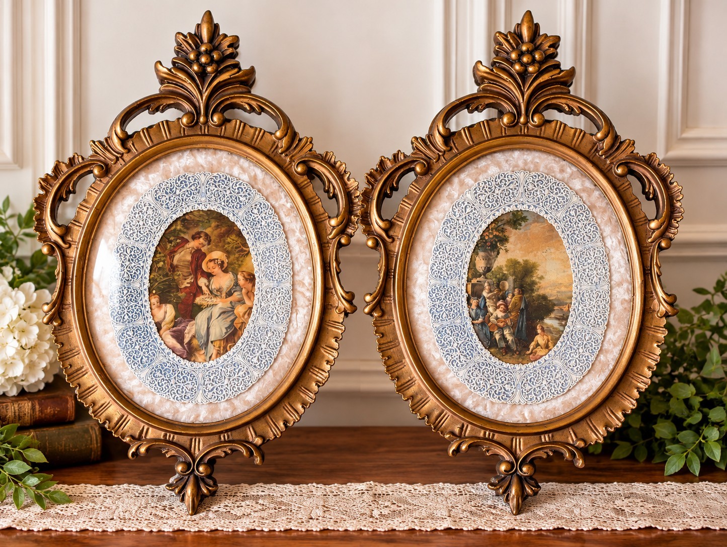 Vintage Pair Ornate Gold Oval Wood Wall Frames Romantic Victorian Art 17