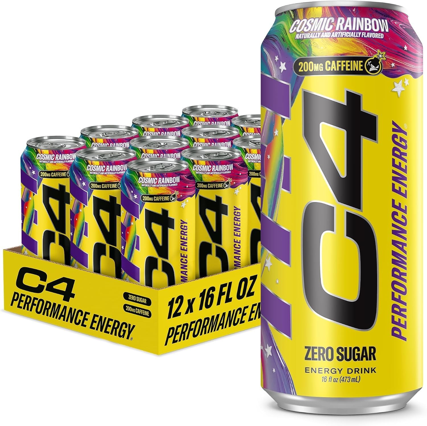 C4 Performance Energy Drink Cosmic Rainbow Zero Sugar 12 Pack 16oz Cans