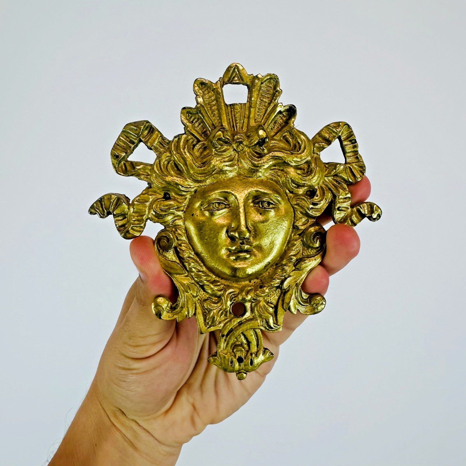 Antique French Louis XVI Style Bronze Mascaron Furniture Mount Ornament Mask