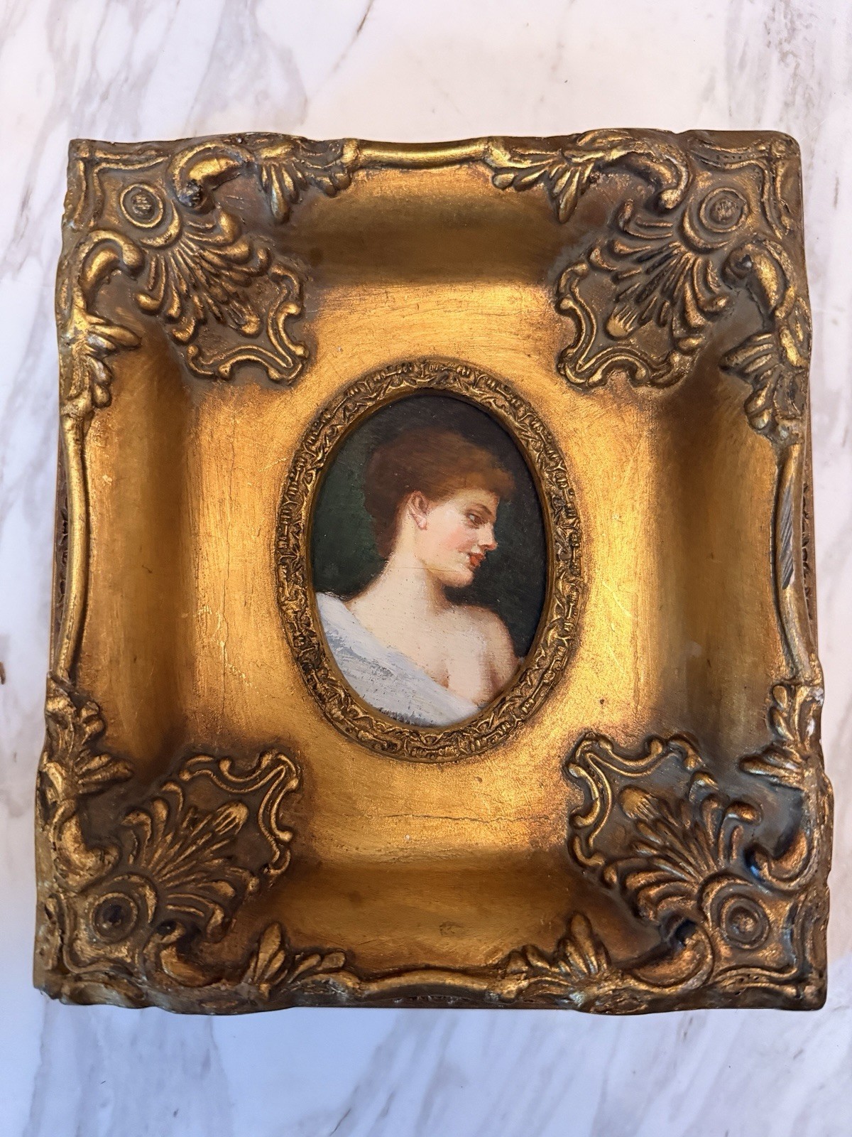 Antique Oil Portrait Young Woman Classical Beauty Gilt Rococo Frame 7.5x8.5”