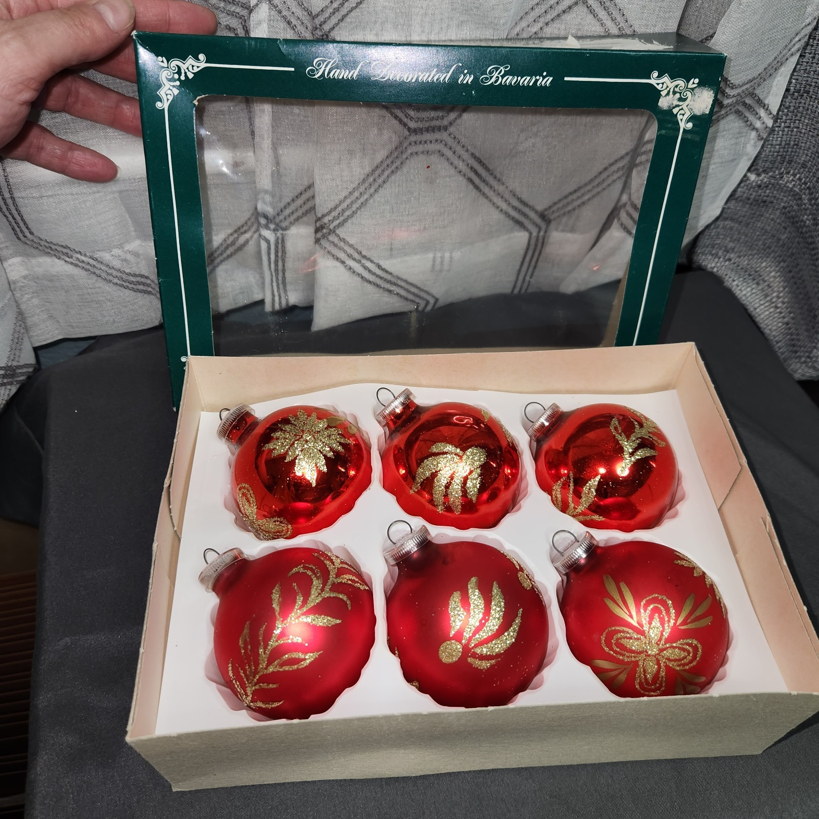 Vintage West Germany Hand Decorated Glass Christmas Ornaments Red Gold Box