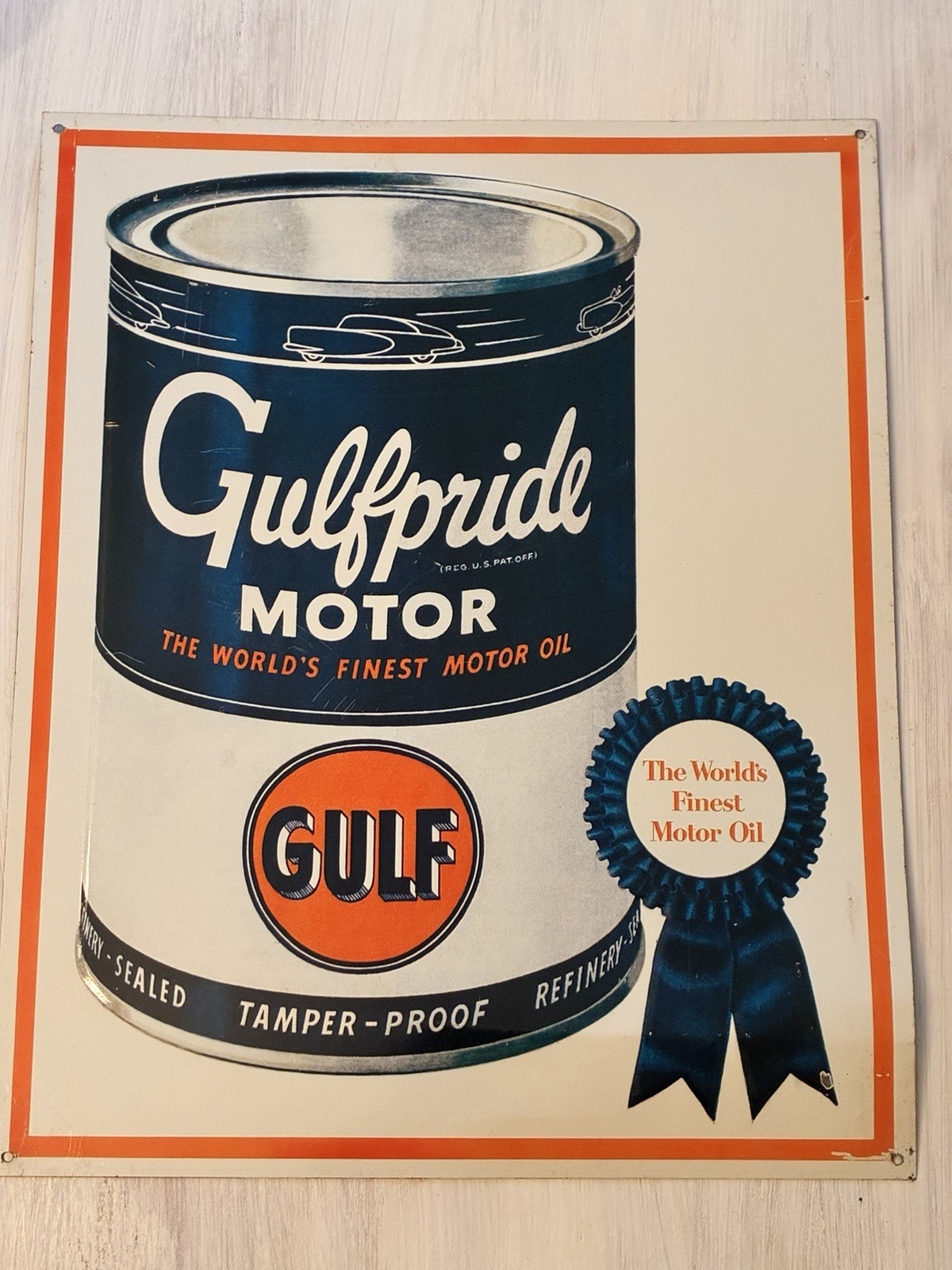 True Vintage 1950s Gulf Corp Gulfpride Motor Oil Advertising Sign 14.5” X 11.75”