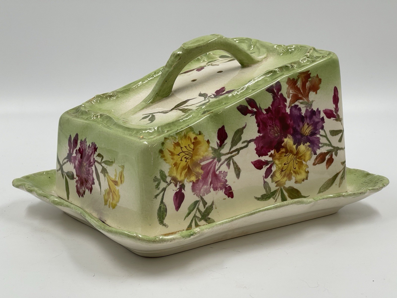 Vintage Royal Bonn Franz Anton Mehlem Covered Cheese Dish Wedge Floral Germany