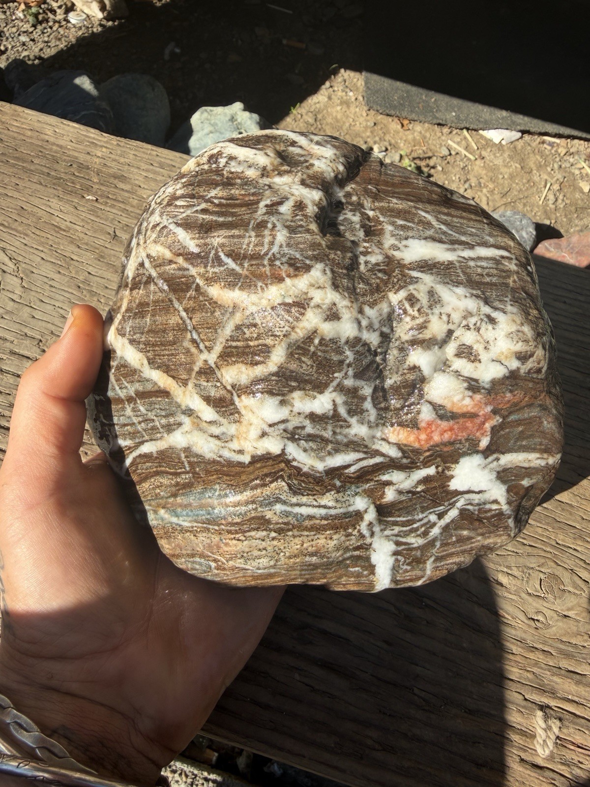 Large 6” Banded River Rock White Quartz-Like Veins South Fork Trinity CA