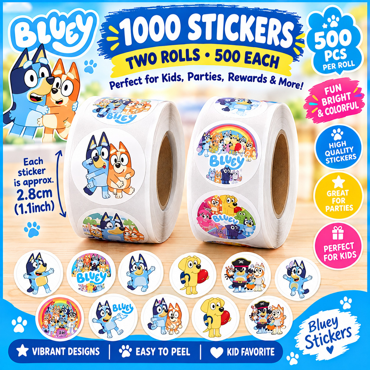 1000 Bluey Stickers 2 Rolls Kids Reward Party Favors Labels Craft Decals 1 Inch