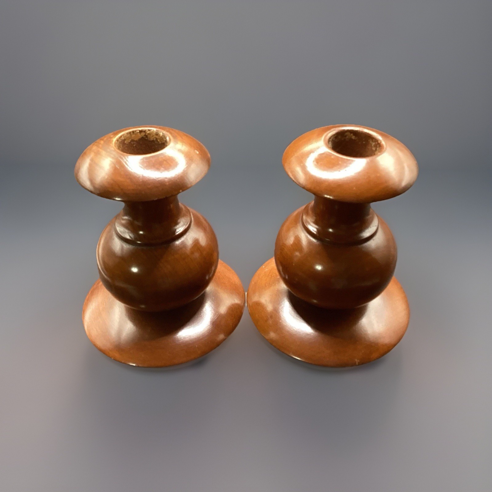 Vintage Pair Of Turned Wood Candle Holders w/ Felt Bottoms 4.25
