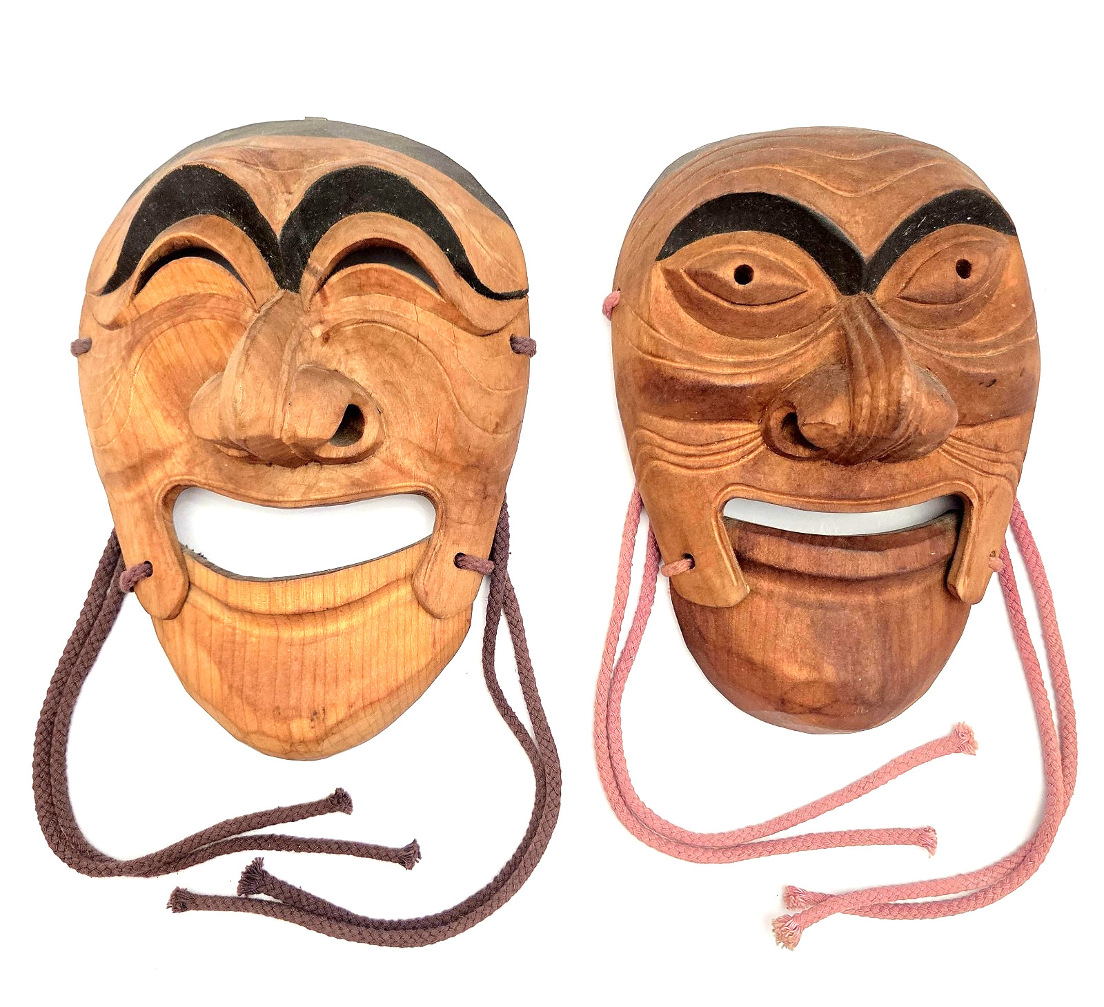 Vintage Korean Hahoe Yangban Masks Pair Hand Carved Wood Theater Folk Art Decor