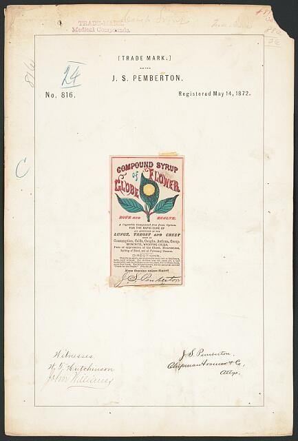 Photo:J S Pemberton 1872 Globe Flower Cough Syrup Trade Mark Label
