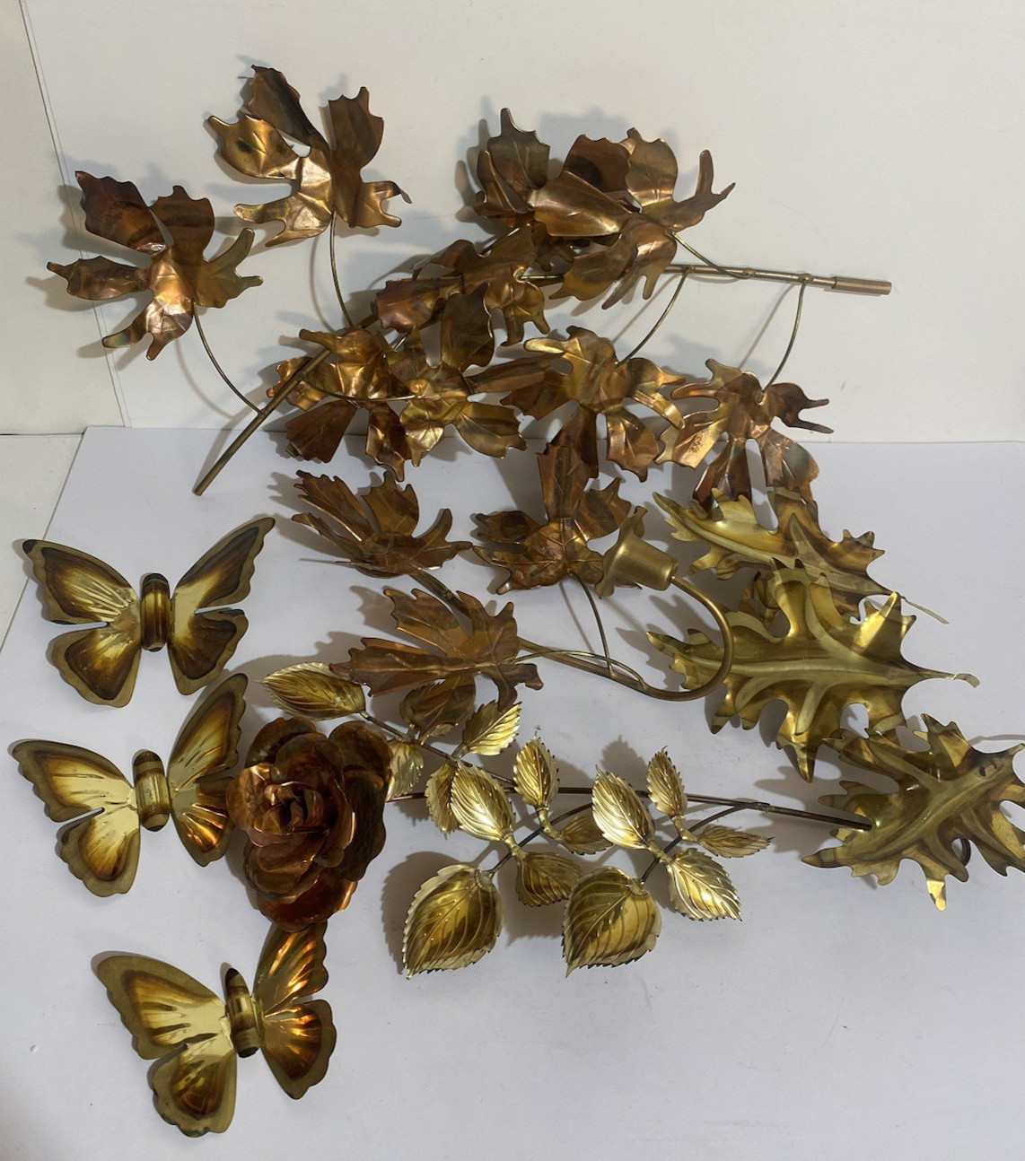 Large Lot of 10 Vintage MCM Metal Copper Leaves Butterflies Rose Wall Art Decor