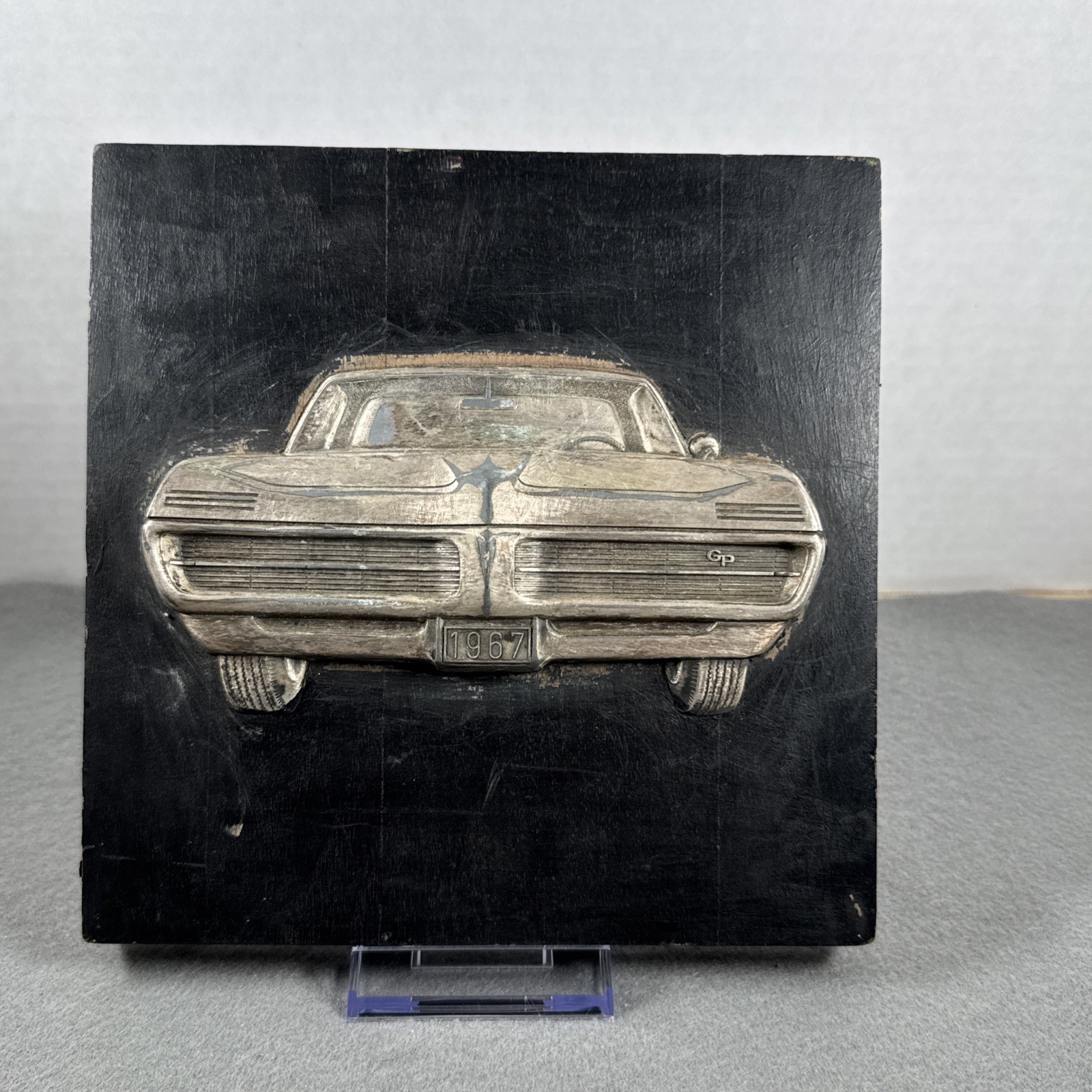Vintage 1967 Pontiac Grand Prix 3D Wall Plaque Metal Car Wood Backing Rare