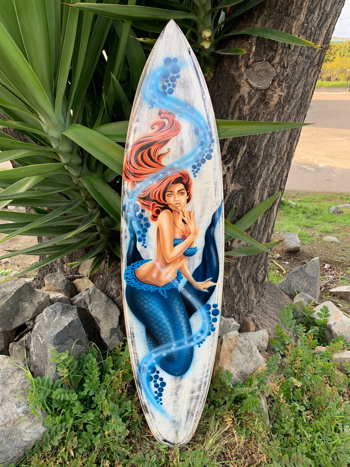 Mermaid Airbrushed Decorative Surfboard Wall Plaque Mango Wood Coastal Decor