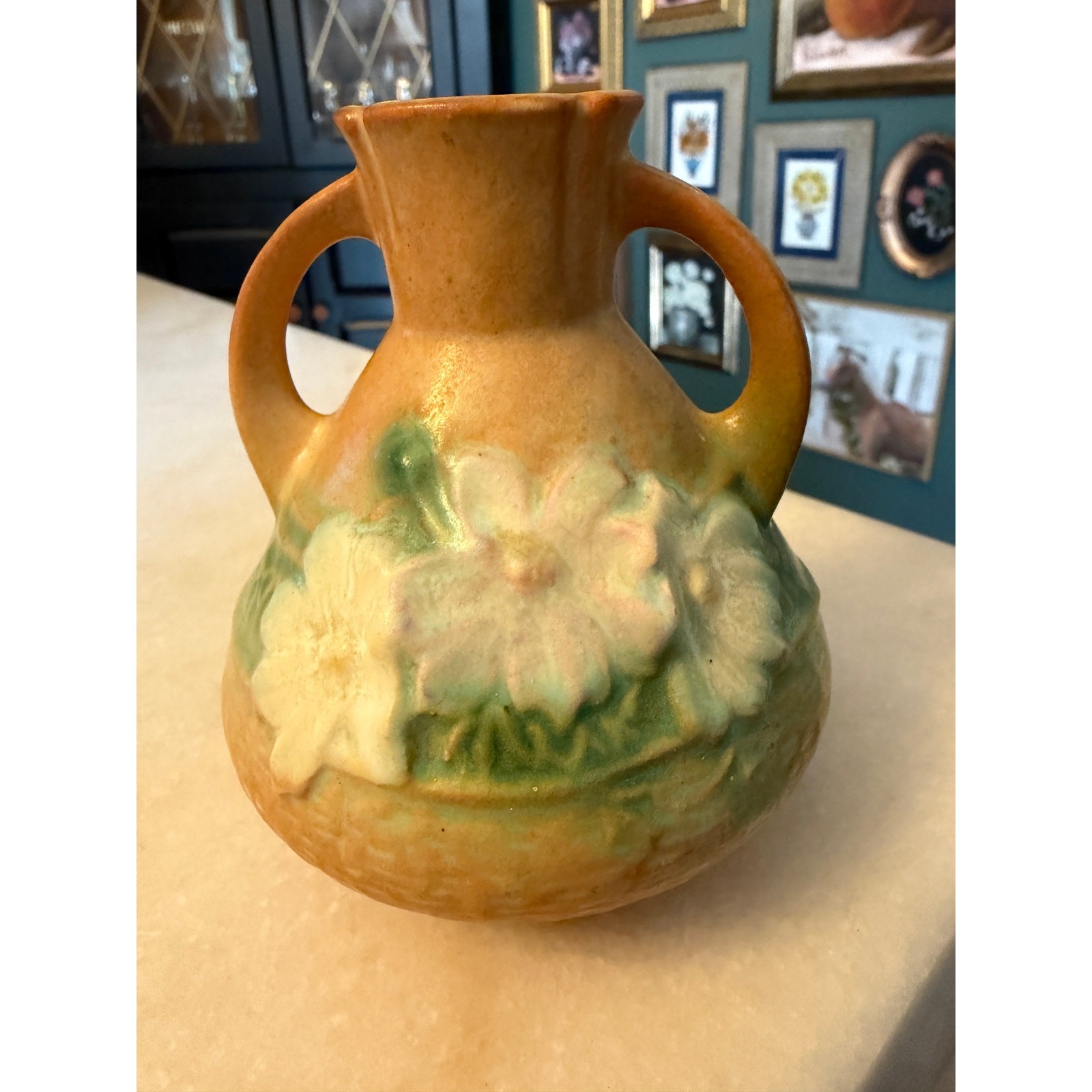 Roseville Pottery Cosmos Tan Green Two Handled Vase Vintage 1940s Art Pottery