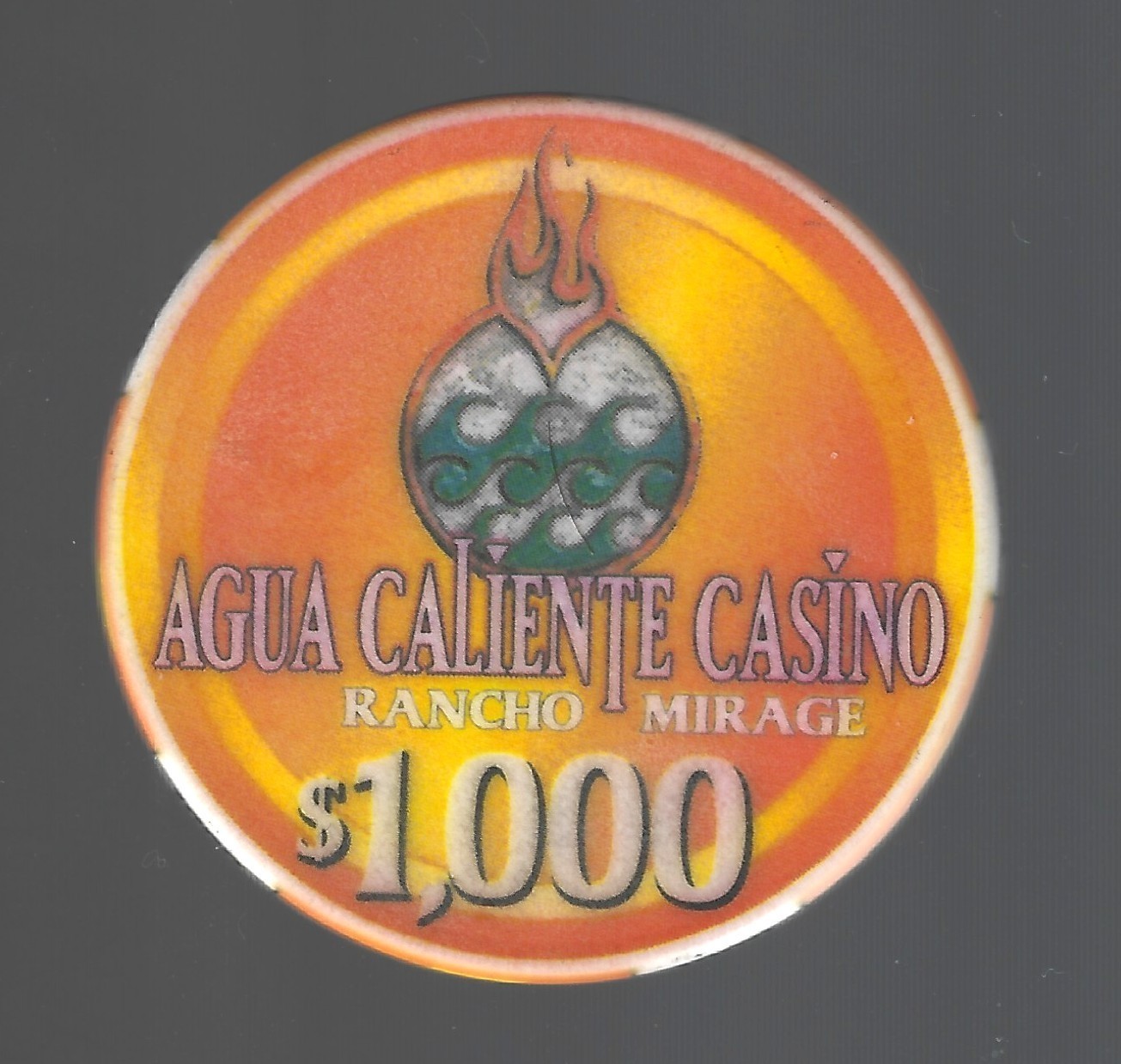 Oversize canceled Agua Caliente Casino $1,000 casino chip, Rancho Mirage CA. SU