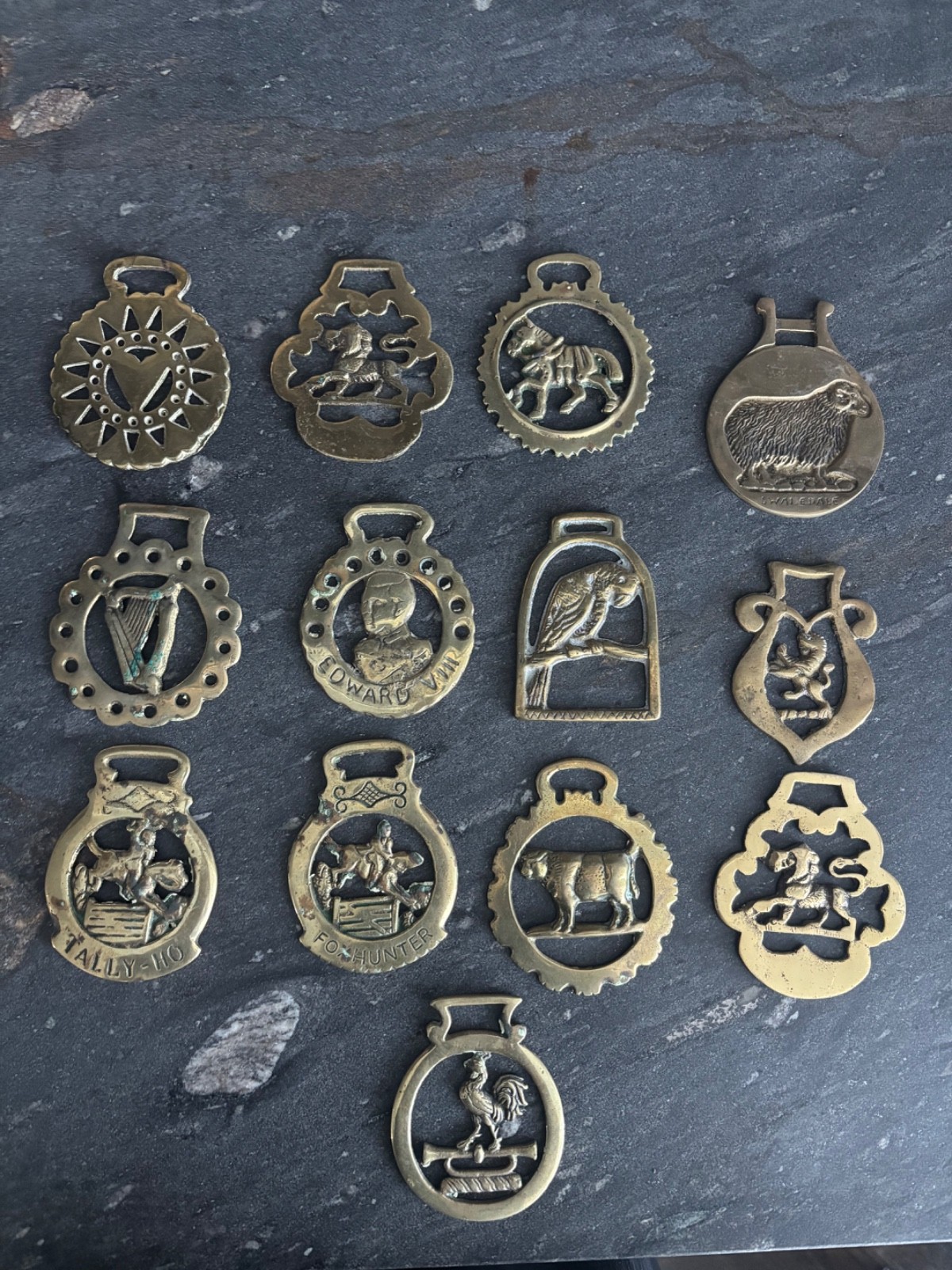 Lot of 13 Antique Brass Horse Medallions from the UK, variety of symbols