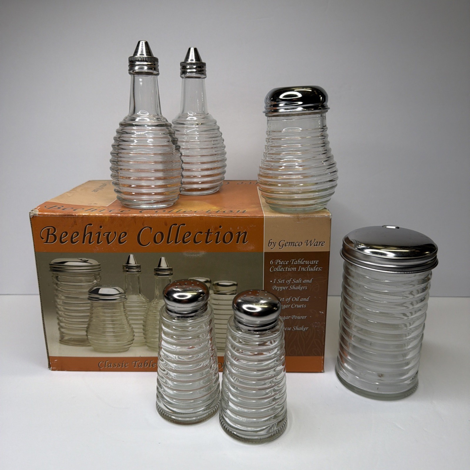 Gemco Ware Beehive Collection Salt Pepper Sugar Glass 6 Piece Set NOS
