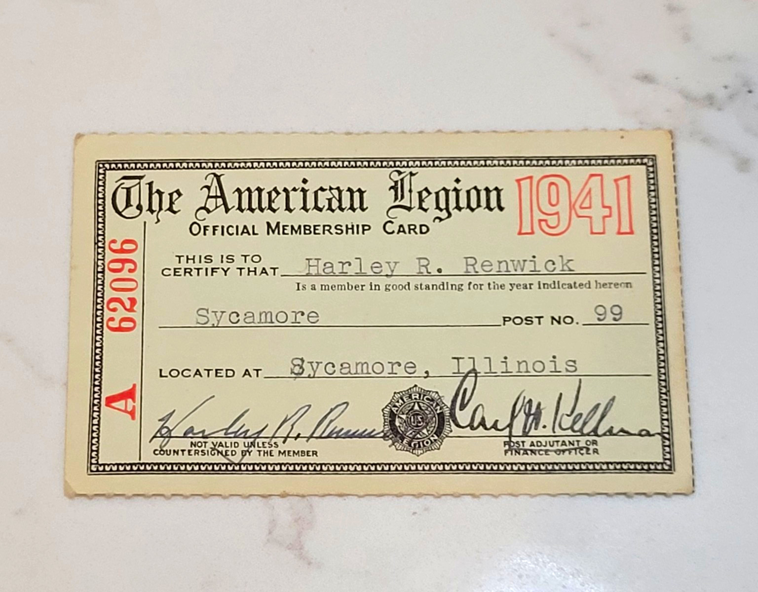 American Legion 1941 Official Membership Card A 62096 Autographed Sycamore IL