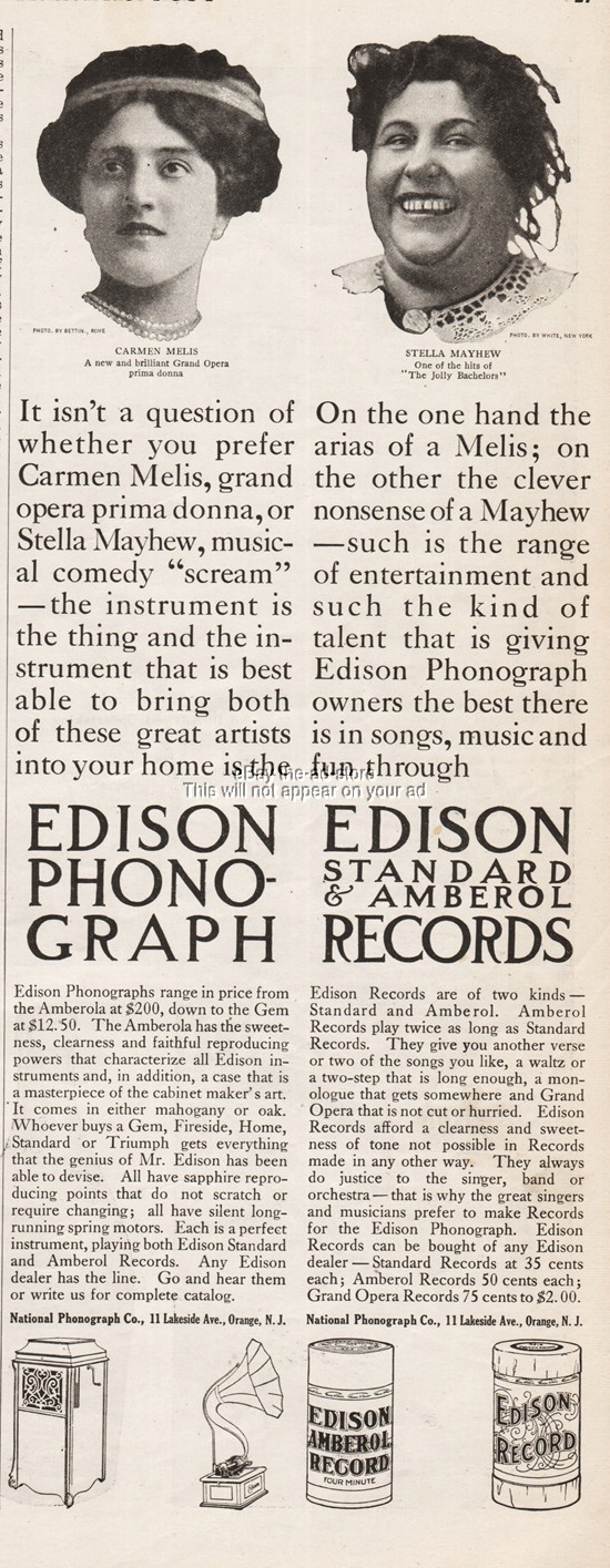 1910 Stella Mayhew Carmen Melis Edison Amberol 4 min Phonograph Record Photo Ad