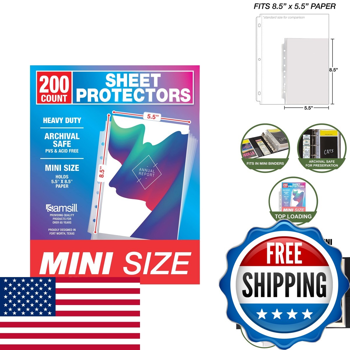 Samsill Mini Sheet Protectors 200 Pack 5.5x8.5 for Mini 3 Ring Binder 7 Hole