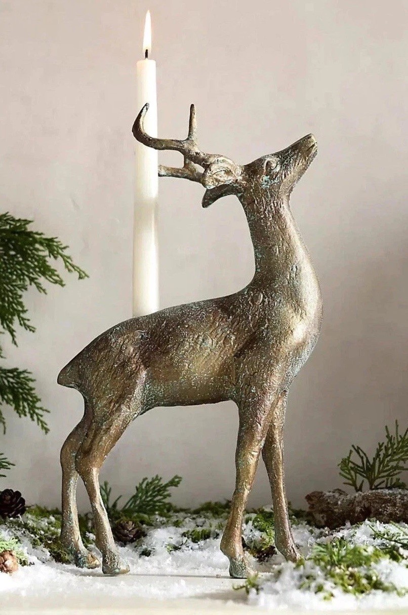 NEW Anthropologie Deer Stag Metal Candlestick Holder Vintage-Style Patina 13