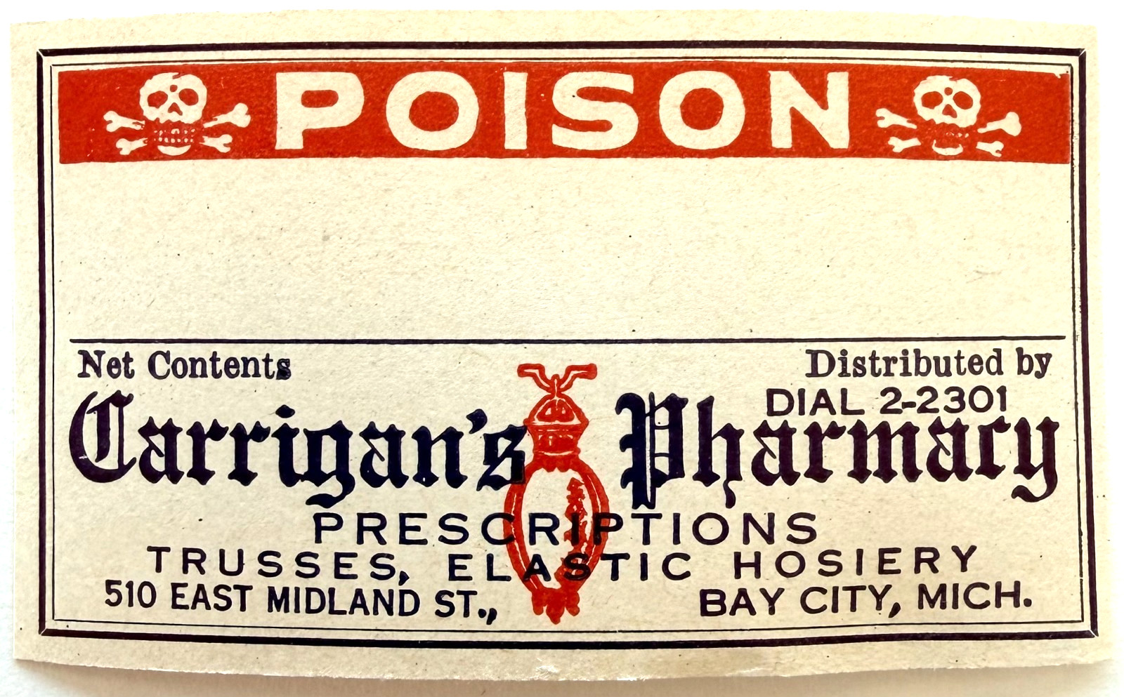 1940s Antique Poison Label Skull Pharmacy Michigan NOS Unused Medical Ephemera